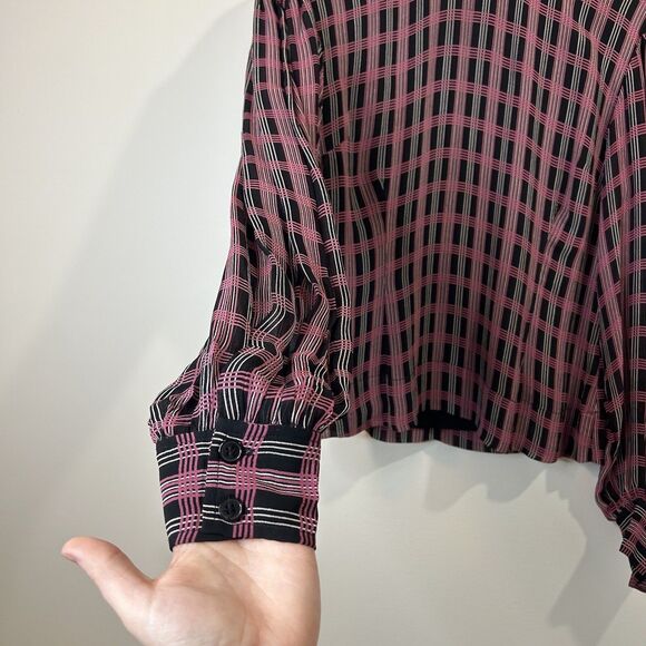 Ganni Blouse Plaid Blouse Top Black Pink Mock Neck Fitted - Size EU 42 US 10/12 - Picture 5 of 15